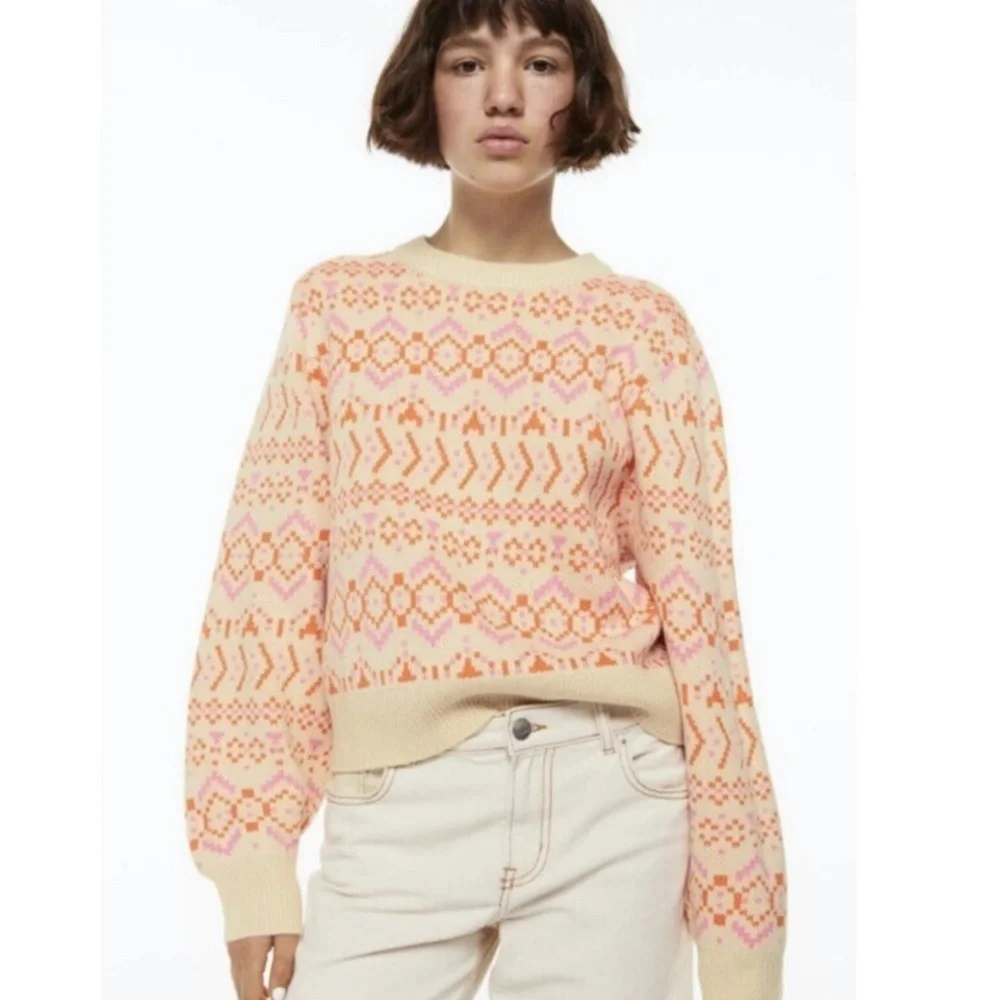 🇪🇸🐠H&M Nordic sweater cropped crew neck patterned cream pink orange small BUDGET